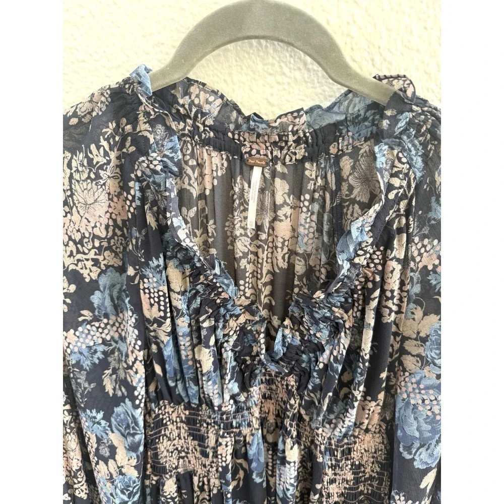 Free People Lena SOLD OUT Floral Swing Midi Dress Boho Peasant Fairy Flowy Sz XS - Picture 4 of 11